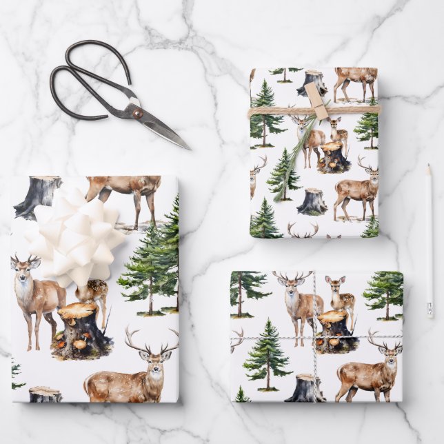 Woodland Reindeer Family Foraging Thru The Forest  Wrapping Paper Sheet (Front)