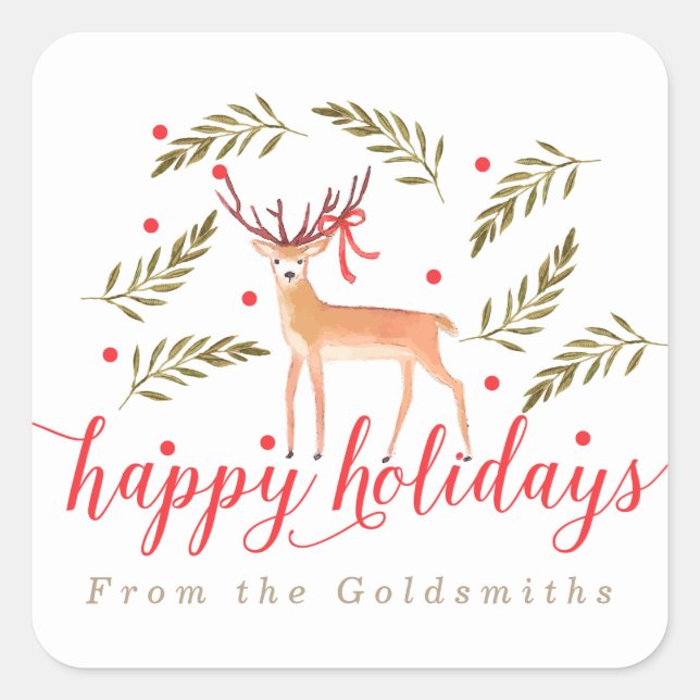 Woodland Reindeer Happy Holidays Personalized Square Sticker (Front)