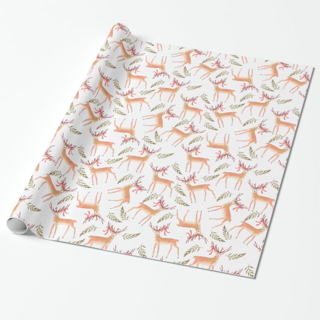 Woodland Reindeer Happy Holidays Wrapping Paper (Unrolled)