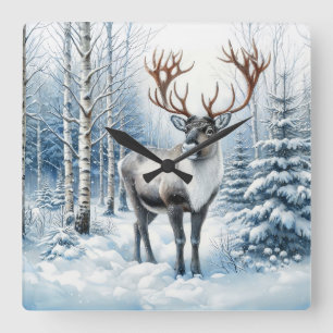 Woodland Reindeer in Winter Forest Wildlife Blank Square Wall Clock