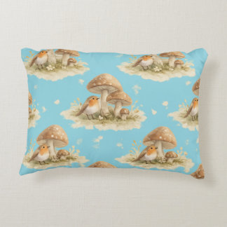 Woodland Robin & Mushroom Watercolor Pattern Accent Pillow
