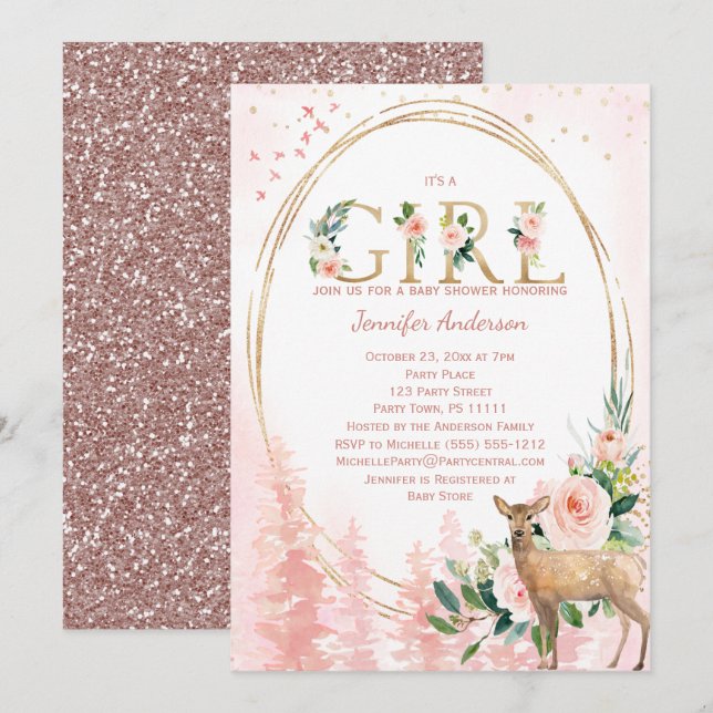 Woodland Rose Baby Girl Shower Invitation (Front/Back)