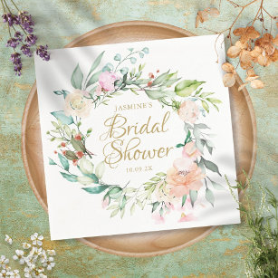 Woodland Rose Floral Gold Script Bridal Shower Napkin