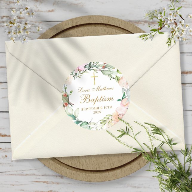 Woodland Rose Garland Baptism Christening Classic Round Sticker (Woodland Rose Garland Baptism Christening Classic Round Sticker)