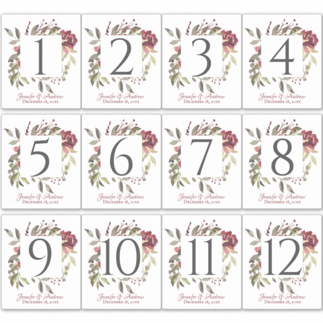 Woodland Rose Table Number Stickers (Front)
