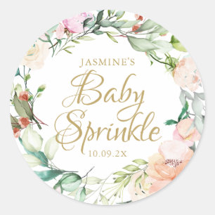 Woodland Roses Gold Script Baby Sprinkle Classic Round Sticker