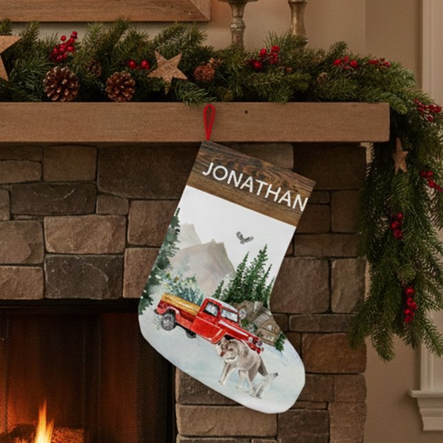 Woodland Rustic Watercolor Truck Cabin Wolf Small Christmas Stocking (Creator Uploaded)