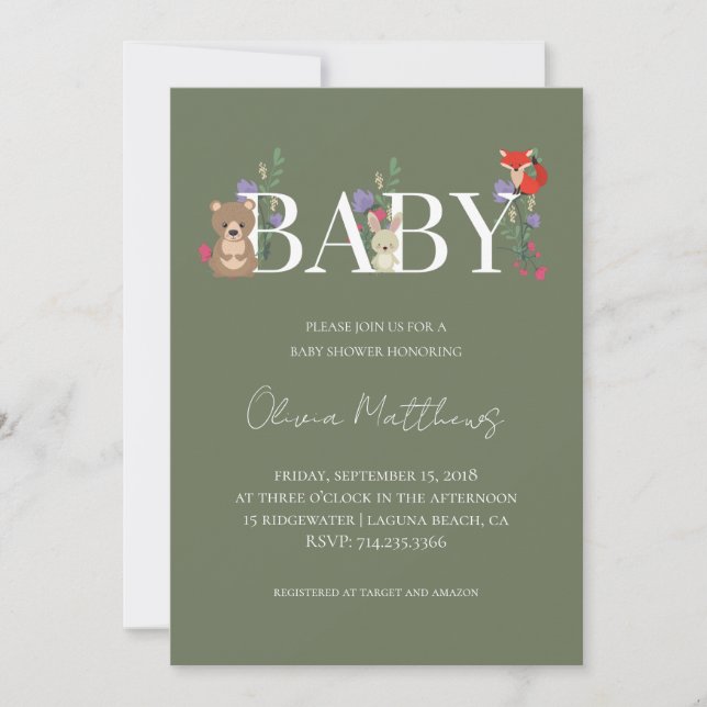 Woodland Sage Green Baby Shower Invitation (Front)