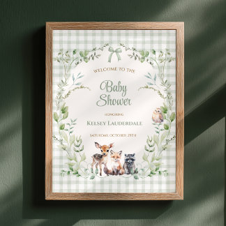Woodland Sage Green Gingham Baby Shower Welcome Poster