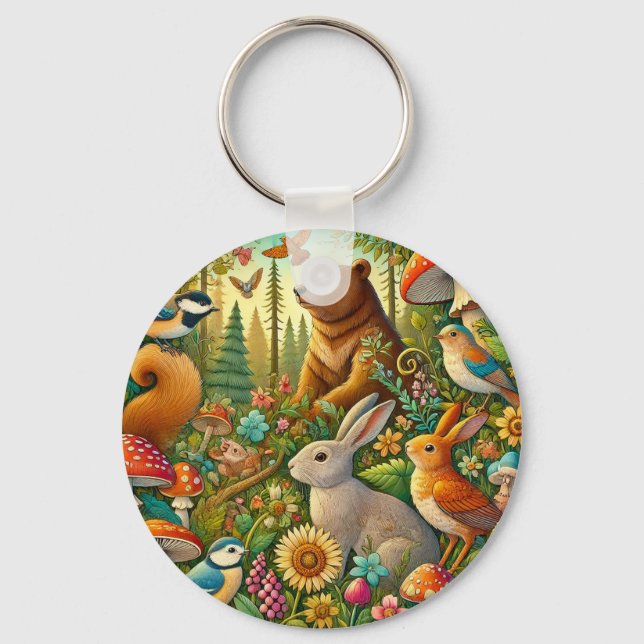 Woodland Scene with Cute Animals Keychain (Front)