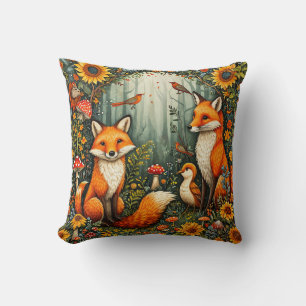 Woodland Scene with Foxes, Birds, Sunflowers Throw Pillow