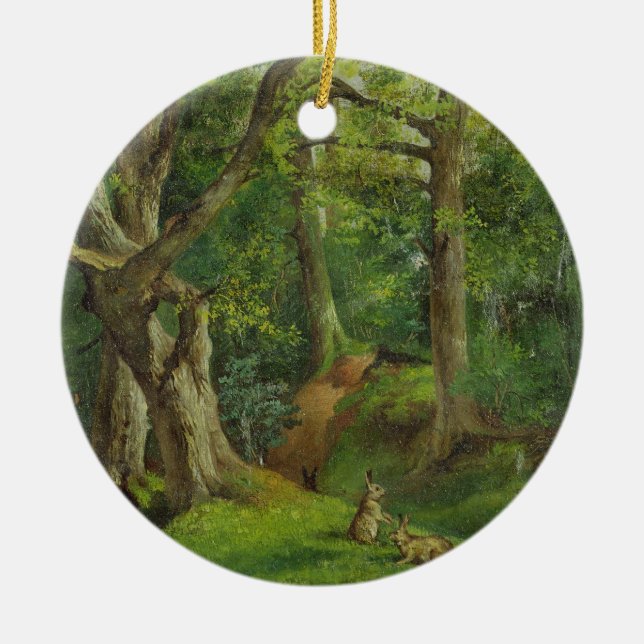 Woodland Scene with Rabbits, 1862 (oil on canvas) Ceramic Ornament (Front)
