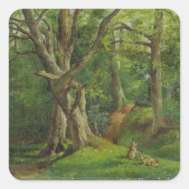 Woodland Scene with Rabbits, 1862 (oil on canvas) Square Sticker (Front)