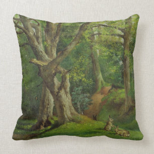 Woodland Scene with Rabbits, 1862 (oil on canvas) Throw Pillow