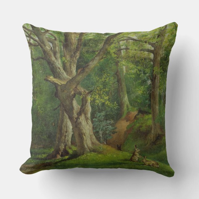 Woodland Scene with Rabbits, 1862 (oil on canvas) Throw Pillow (Front)