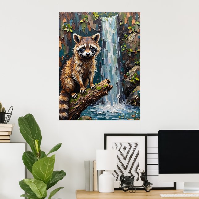 Woodland Serenity: Raccoon by the Falls Poster (Home Office)