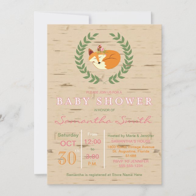 Woodland Sleeping Fox Girl Baby Shower Invitation (Front)