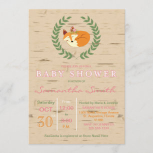 Woodland Sleeping Fox Girl Baby Shower Invitation
