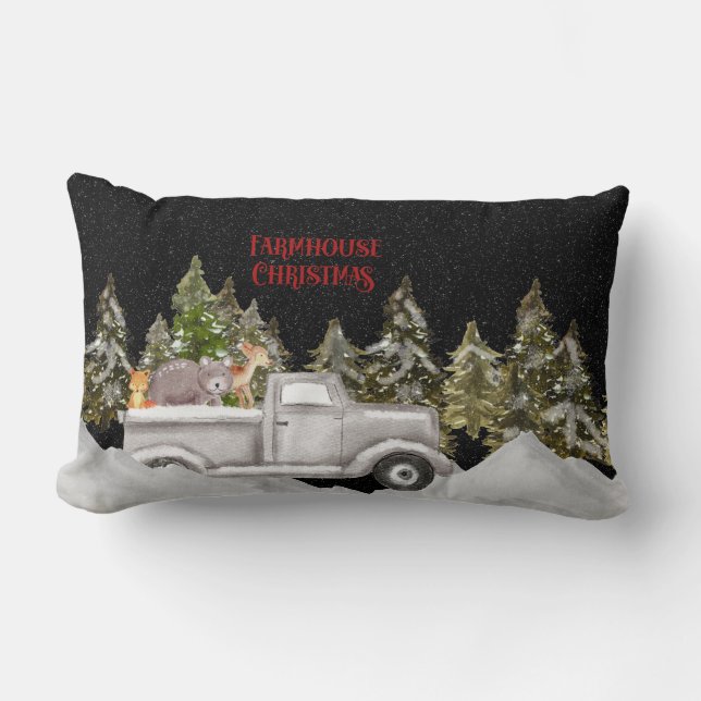 Woodland Snowfall  Farmhouse Christmas Lumbar Pillow (Front)