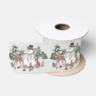Woodland Snowman Deer Fox Christmas Wishes Grey Satin Ribbon