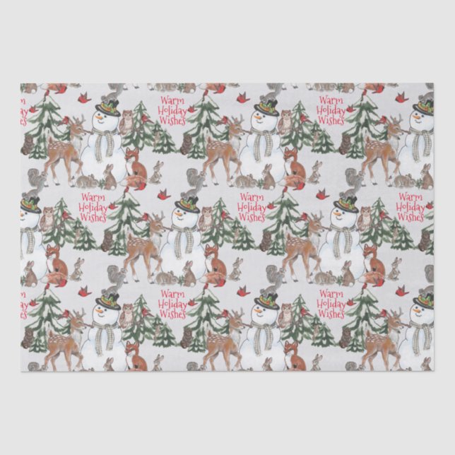 Woodland Snowman Deer Fox Christmas Wishes Grey Tissue Paper (Front)