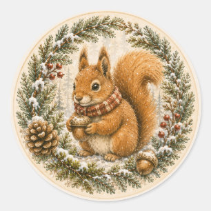 Woodland Squirrel Acorn Gathering in Winter Classic Round Sticker