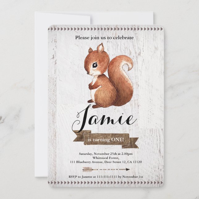 Woodland Squirrel first birthday invitation (Front)