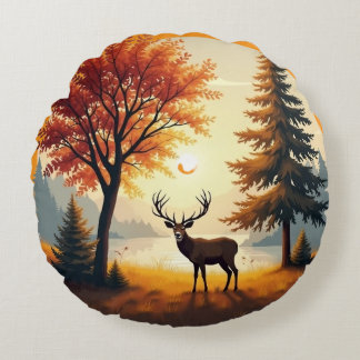 Woodland Stag Deer Cushion, Cottage Decor Round Pillow