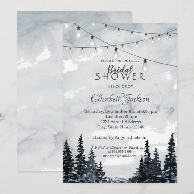  Woodland, String Lights, Watercolor  Invitation (Front/Back)