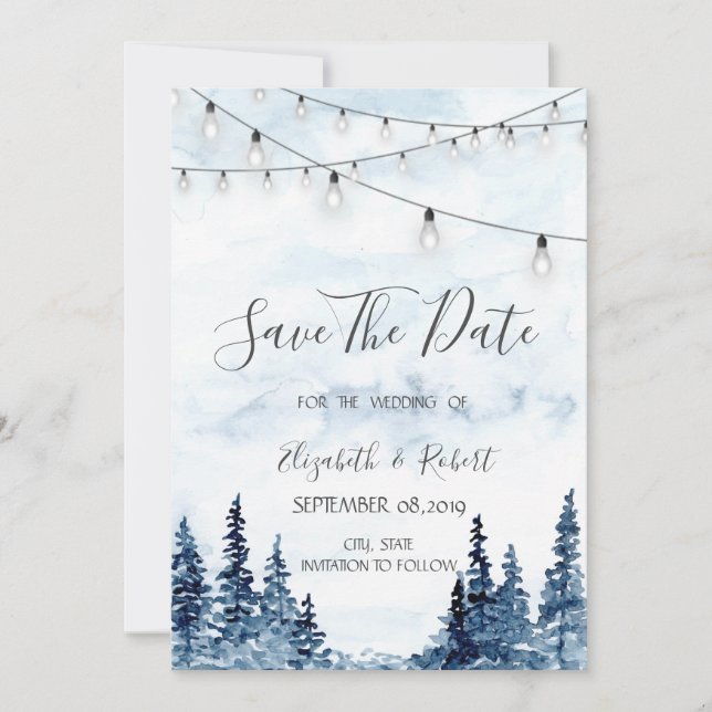 Woodland,String Lights, Watercolor Save The Date (Front)