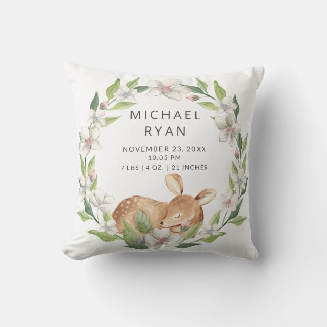 Woodland Sweet Deer  Baby Birth Stats Pillow (Front)