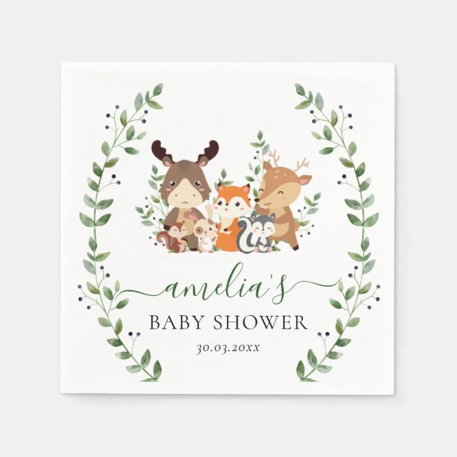 Woodland Sweet Greenery Botanical Forest Animal Napkin (Front)