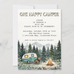 Woodland Teal Vintage Camping First Birthday Invitation