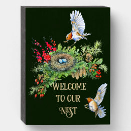 Woodland Treasures Welcome to our Nest Home Wooden Box Sign