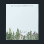 Woodland Trees Watercolor Nature Forest Mountains Notepad<br><div class="desc">Personalized text/name notepad with watercolor painted landscape with mountains,  forest,  and a cabin.</div>