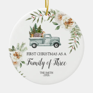 Woodland Truck Christmas Family of three  Ceramic Ornament