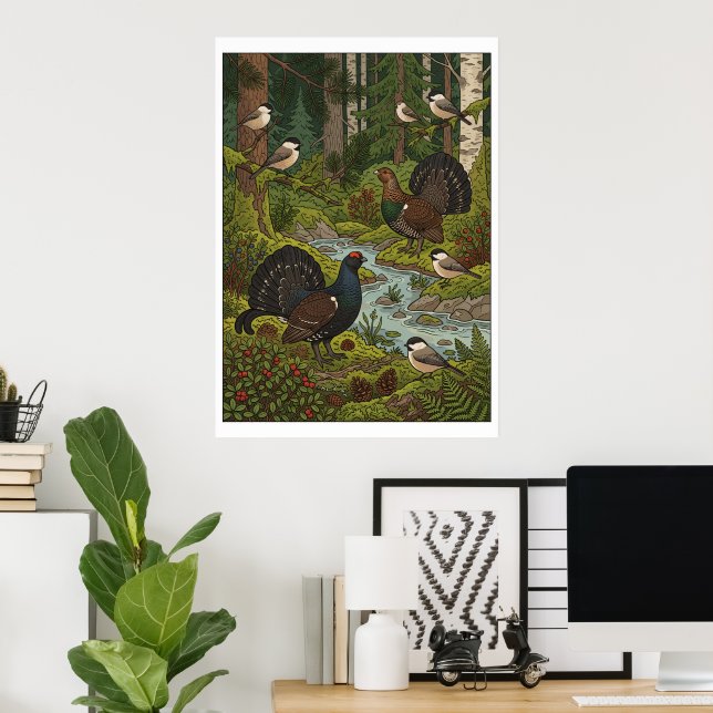 Woodland Turkey Forest Painting Poster (Home Office)