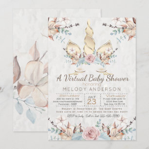 Woodland Unicorn Virtual Baby Shower Gold Invitation