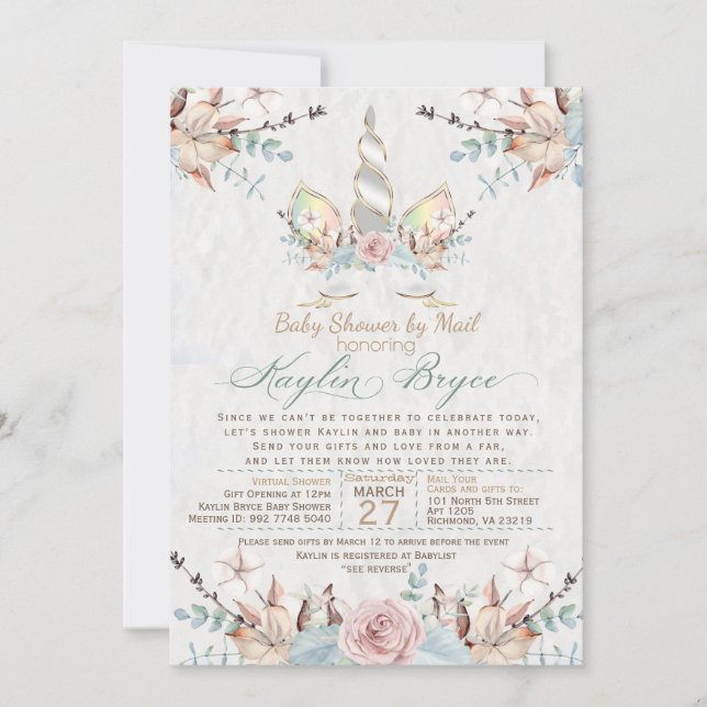 Woodland Unicorn Virtual Baby Shower Kaylin7 Inv Invitation (Front)