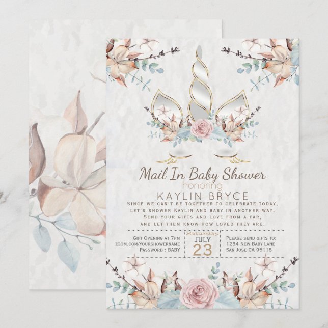 Woodland Unicorn Virtual Baby Shower Kaylin Invitation (Front/Back)