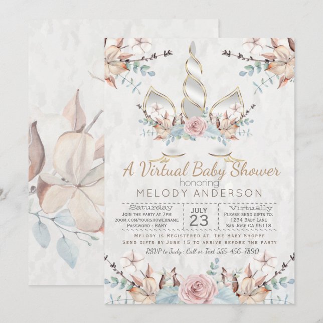 Woodland Unicorn Virtual Baby Shower Silver Invitation (Front/Back)