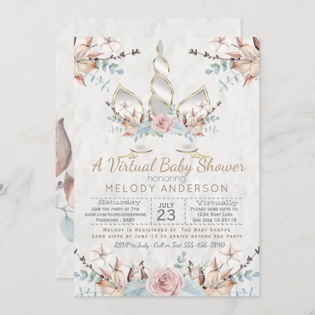 Woodland Unicorn Virtual Baby Shower Silver Invitation (Front/Back)