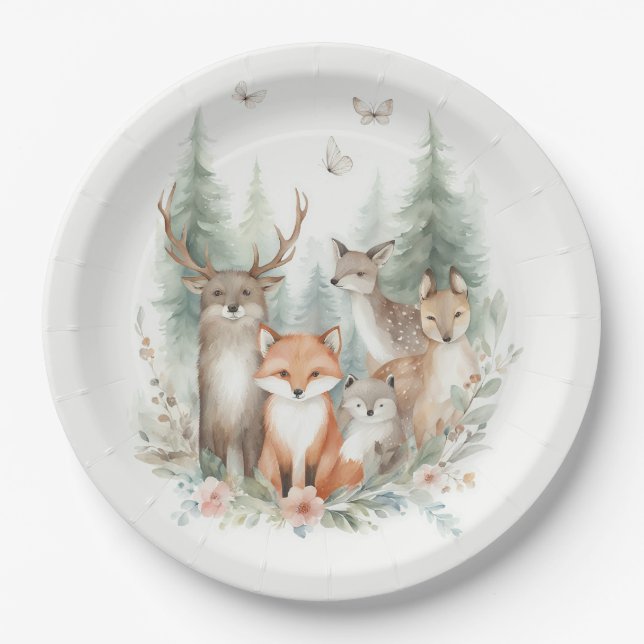 Woodland Watercolor Animals Paper Plate (Front)