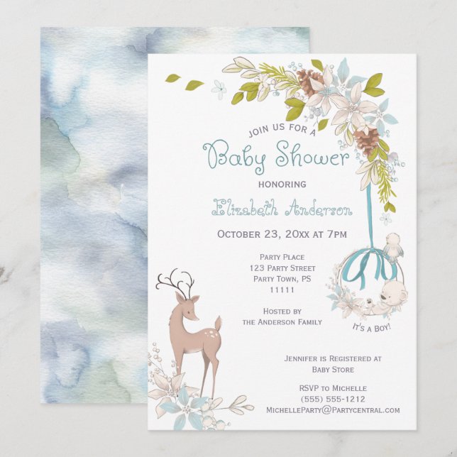 Woodland Watercolor Floral Baby Shower Boy Invitation (Front/Back)