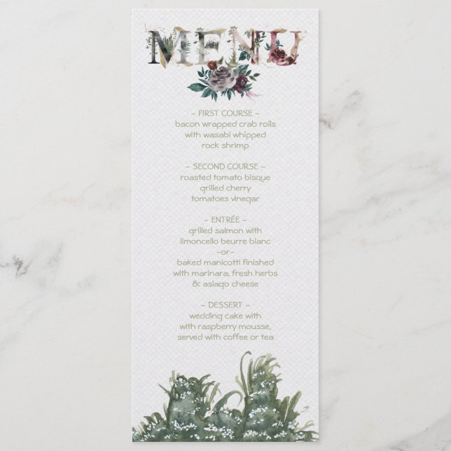 Woodland Watercolor Foliage Wedding menu card (Front)