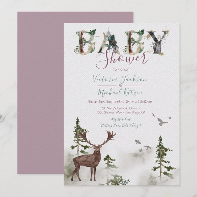 Woodland Watercolor Forest Baby Shower Invitation (Front/Back)