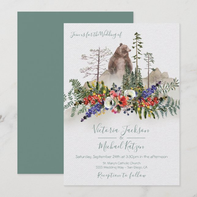 Woodland Watercolor Forest Bear Wedding Invitation (Front/Back)