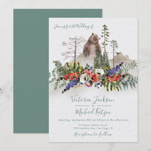 Woodland Watercolor Forest Bear Wedding Invitation