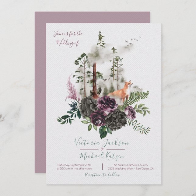 Woodland Watercolor Forest Wedding invitations (Front/Back)