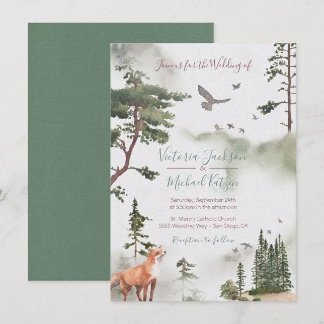 Woodland Watercolor Forêt invitations au mariage (Devant / Derrière)